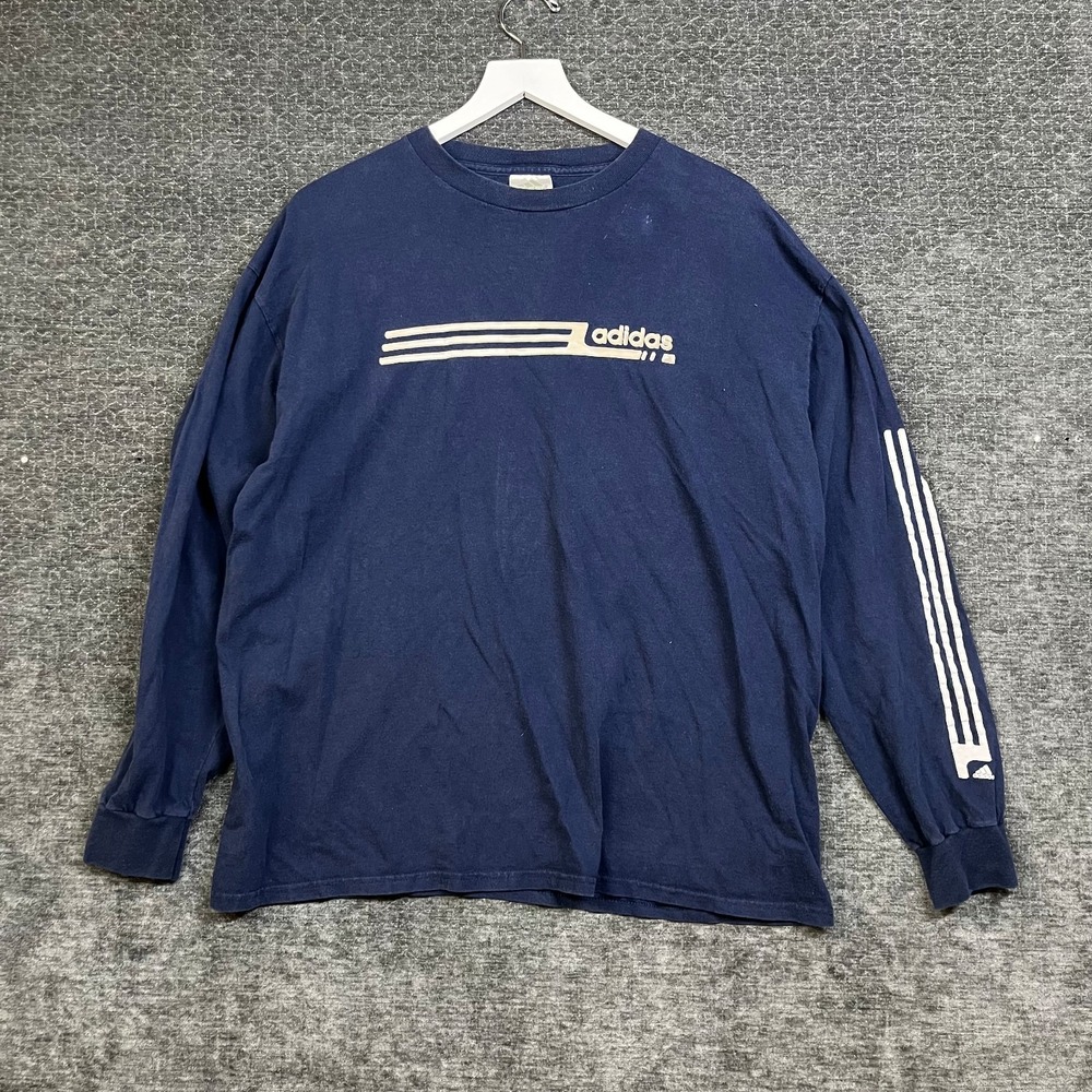 Vintage Adidas Long Sleeve Graphic T-Shirt Men's Navy Crew Neck Classic - Large